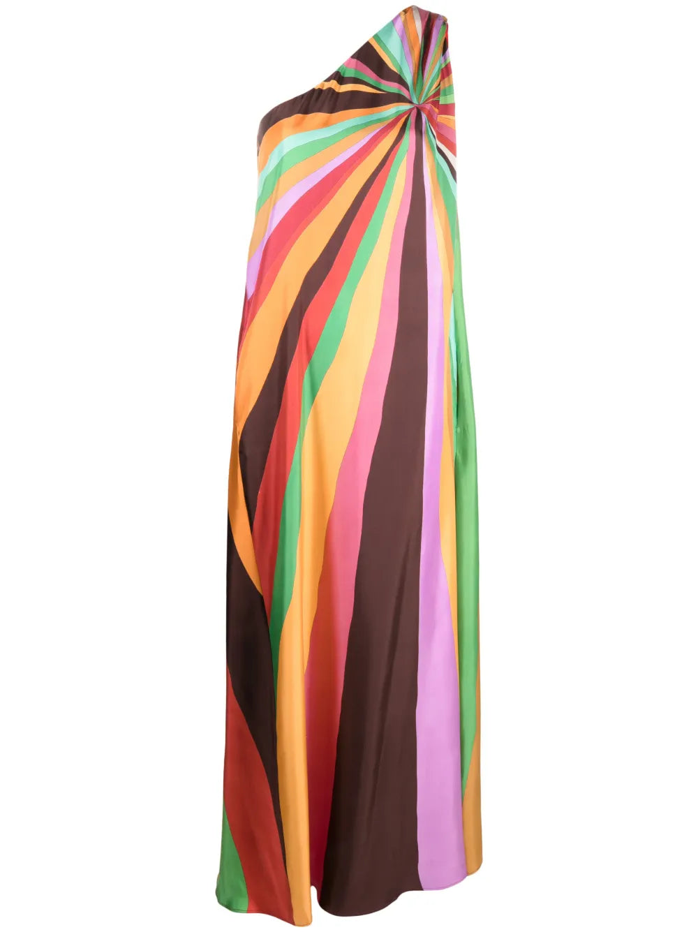 Step into Studio 54 glamour with La DoubleJ's Roy one-shoulder silk maxi dress. This Italian-crafted masterpiece features a dramatic single-shoulder silhouette adorned with hand-placed, kaleidoscopic rainbow stripes that command attention. Crafted from luxurious silk twill, the dress flows effortlessly to the ankle with a sleek straight hem and practical side pockets. 