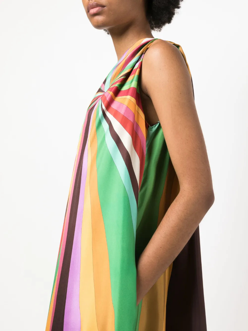 Step into Studio 54 glamour with La DoubleJ's Roy one-shoulder silk maxi dress. This Italian-crafted masterpiece features a dramatic single-shoulder silhouette adorned with hand-placed, kaleidoscopic rainbow stripes that command attention. Crafted from luxurious silk twill, the dress flows effortlessly to the ankle with a sleek straight hem and practical side pockets. 