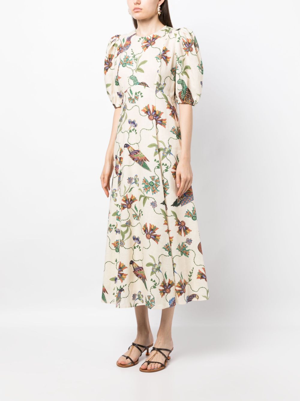 The Birdie Midi Dress is crafted with a fitted silhouette through the bodice and a designer-inspired flared skirt. This elegant dress features puff sleeves with elasticated cuffs and a panelled midi skirt. It is complete with a fully lined construction and a convenient back invisible zipper for easy closure.