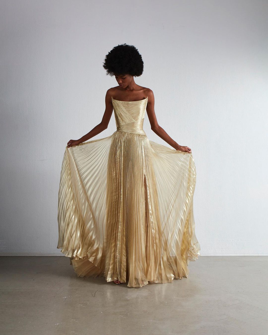 gold plated dress Asymmetrical Pleated Maxi Dress in Gold