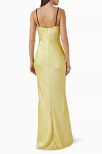 Load image into Gallery viewer, Upgrade your evening wear with Rasario&#39;s luxurious draped maxi dress. The silk velvet bodice showcases your décolletage and collarbone, while the crepe satin skirt accentuates your curves. Make an elegant statement with this refined piece, paired with heels and a chic clutch.
