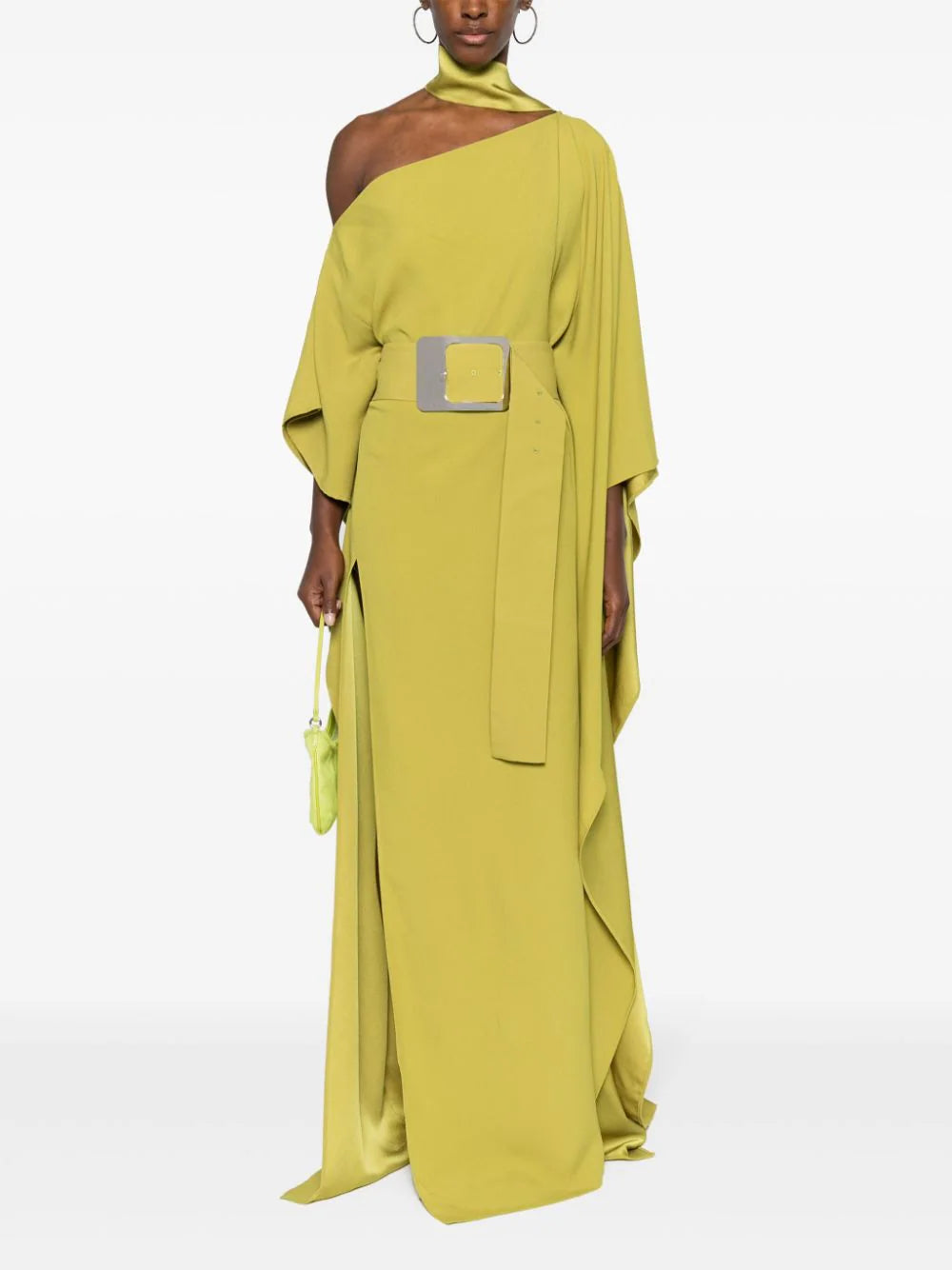 Taller Marmo's 'Taylor' kaftan is the epitome of easy elegance. Made from cady, it has a one-shoulder neckline framed by a scarf and cinches at the waist with a 'Space-age'-inspired buckled belt. Complement the deep thigh split with your highest heels.