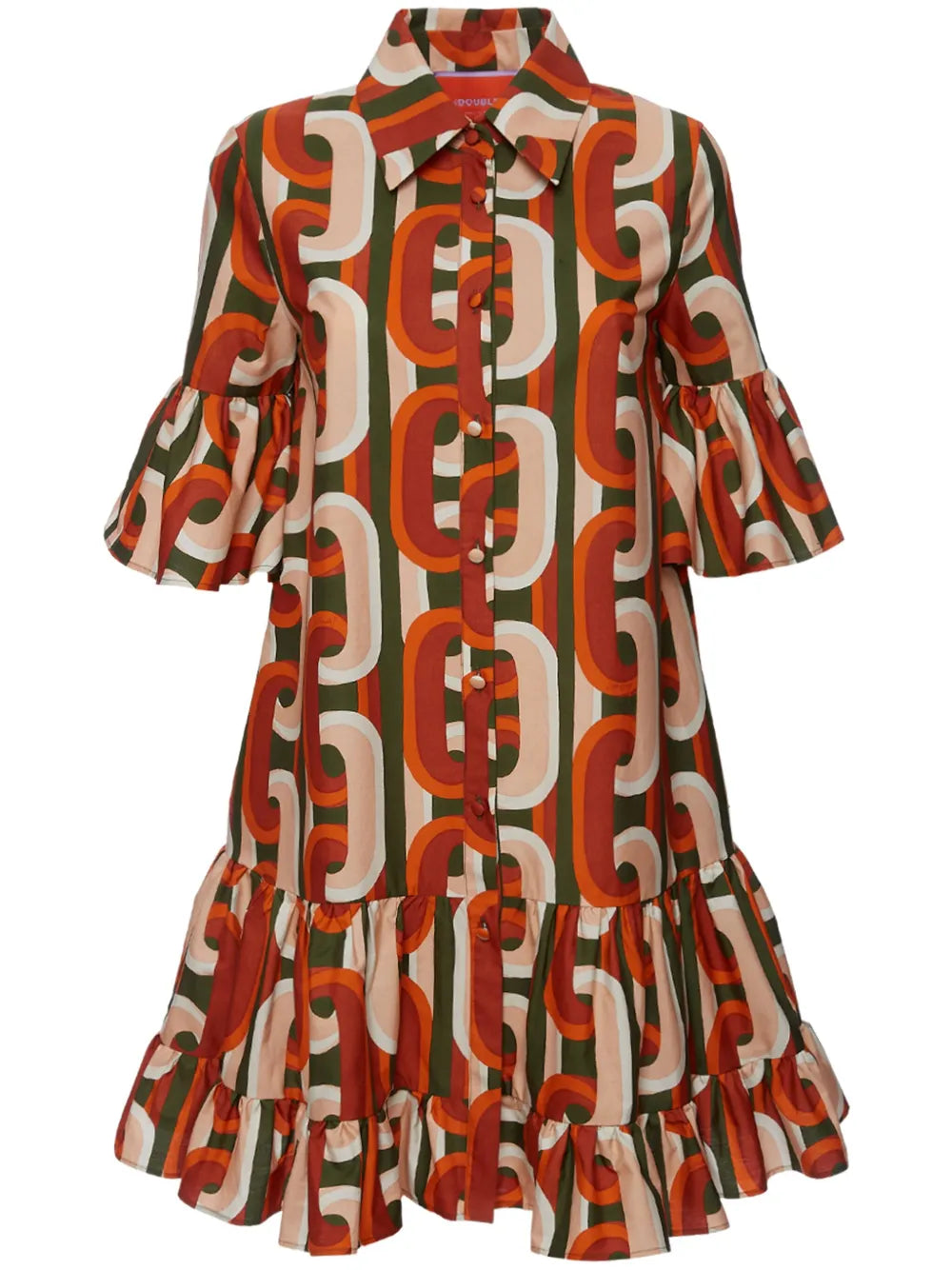 Elevate your everyday style with La DoubleJ's Choux cotton mini dress, a vibrant Italian-crafted piece that effortlessly blends playful design with timeless elegance. Featuring a striking geometric-pattern print in multicolour, this dress showcases a charming pointed collar, front button fastening, and short sleeves with flared cuffs that add a touch of whimsy. 