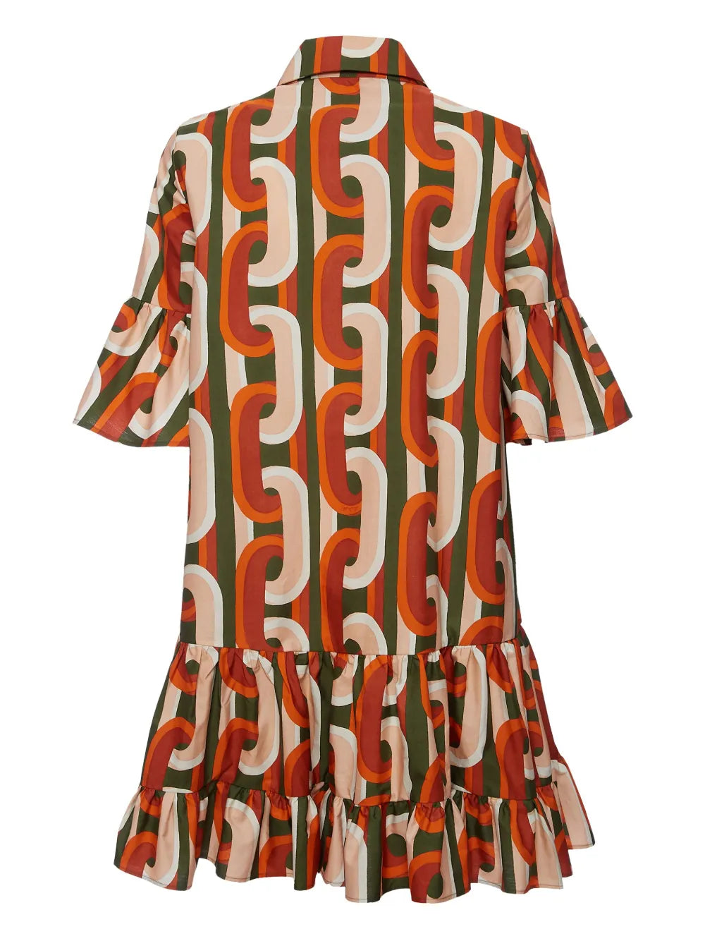Elevate your everyday style with La DoubleJ's Choux cotton mini dress, a vibrant Italian-crafted piece that effortlessly blends playful design with timeless elegance. Featuring a striking geometric-pattern print in multicolour, this dress showcases a charming pointed collar, front button fastening, and short sleeves with flared cuffs that add a touch of whimsy. 
