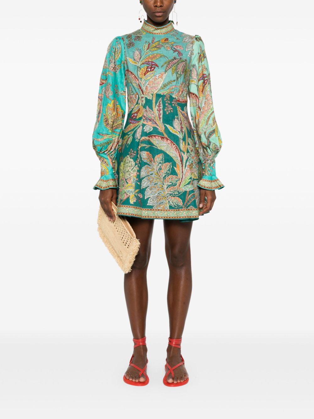 The Franca Mini Dress by Alemais is the perfect summer addition to your wardrobe. Made from high-quality imported linen, this dress features a stunning blue and multicolour paisley print. The concealed rear zip and button fastenings create a sleek silhouette, while the band collar, long ruffled cuffs, and cut-out detailing add unique touches. With a flared hem, this dress is both comfortable and stylish.
