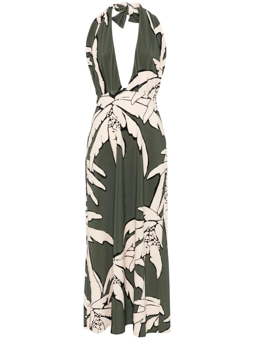 The Oceanic Mantra midi dress by Johanna Ortiz features an elegant olive green hue complemented by a halterneck design with a distinctive crossover strap detail, offering both comfort and visual interest. Its straight hemline creates a sleek silhouette, making it a sophisticated choice for elevated daytime or evening occasions.