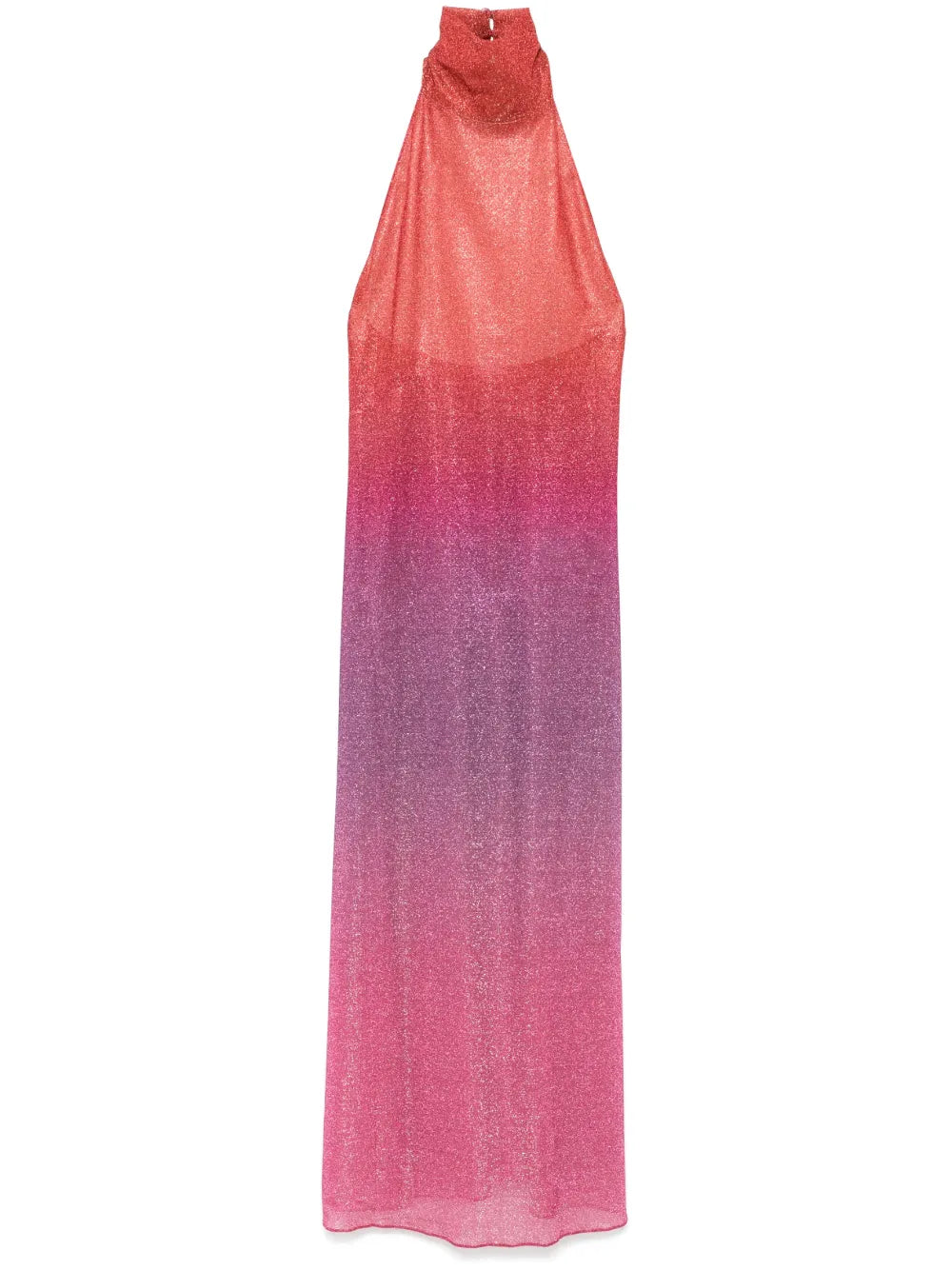 Elevate your wardrobe with this Italian-made Lurex midi dress, featuring a sophisticated dark pink hue and a subtle ombré effect. The halterneck design enhances your neckline, while the side slit adds a touch of allure and ease of movement. Crafted unlined for lightweight comfort, this dress combines elegance with contemporary style, perfect for refined occasions.