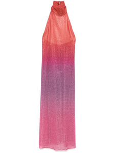 Elevate your wardrobe with this Italian-made Lurex midi dress, featuring a sophisticated dark pink hue and a subtle ombré effect. The halterneck design enhances your neckline, while the side slit adds a touch of allure and ease of movement. Crafted unlined for lightweight comfort, this dress combines elegance with contemporary style, perfect for refined occasions.
