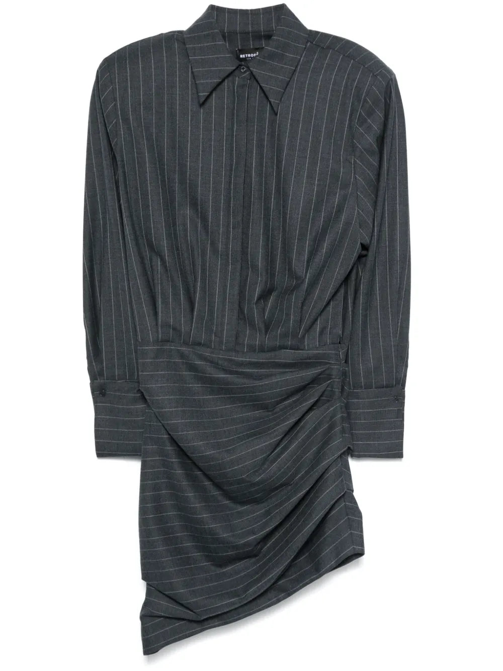 The Narine mini dress by Retrofete features a sophisticated charcoal and light grey pinstripe pattern, crafted with expert tailoring. It includes a concealed front button fastening and side zip for a seamless look, while shoulder pads and ruched detailing add structured elegance. The dress is finished with a pointed flat collar, long sleeves with buttoned cuffs, a straight hem, and full lining for comfort and quality. Ideal for those seeking a refined, modern silhouette with subtle detailing.