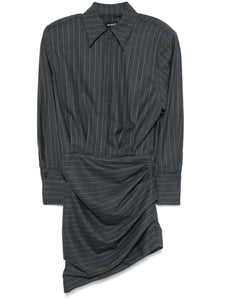 The Narine mini dress by Retrofete features a sophisticated charcoal and light grey pinstripe pattern, crafted with expert tailoring. It includes a concealed front button fastening and side zip for a seamless look, while shoulder pads and ruched detailing add structured elegance. The dress is finished with a pointed flat collar, long sleeves with buttoned cuffs, a straight hem, and full lining for comfort and quality. Ideal for those seeking a refined, modern silhouette with subtle detailing.