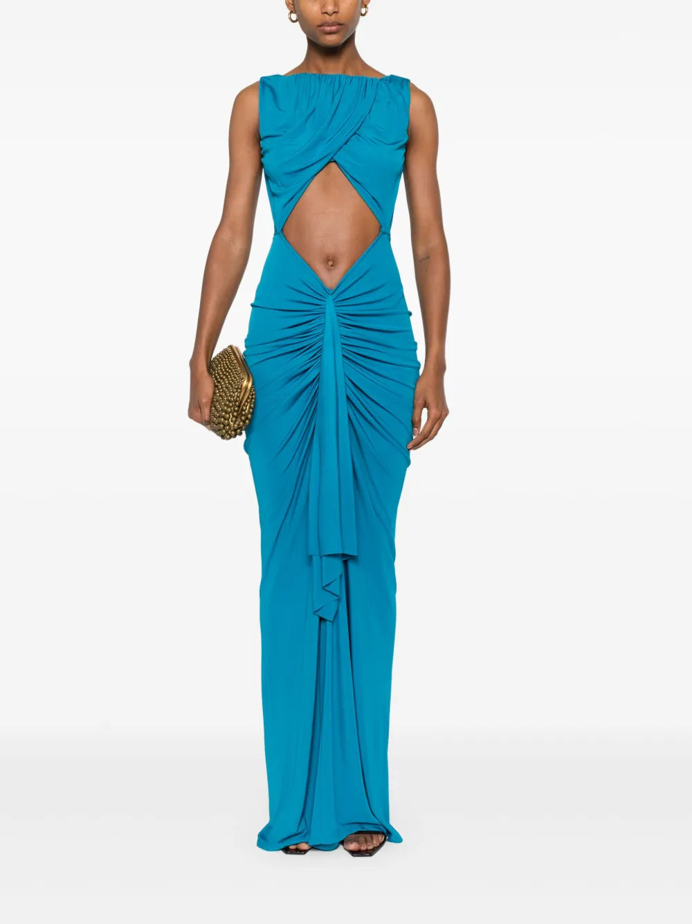 Elevate your evening wardrobe with this stunning Christopher Esber Bateau draped gown, a masterpiece of contemporary design. Crafted from imported materials, this sleeveless silhouette features an alluring imperial blue hue that commands attention. The expertly placed cut-out detailing and ruched accents create dynamic visual interest, while the concealed rear zip fastening ensures a seamless, polished finish. 