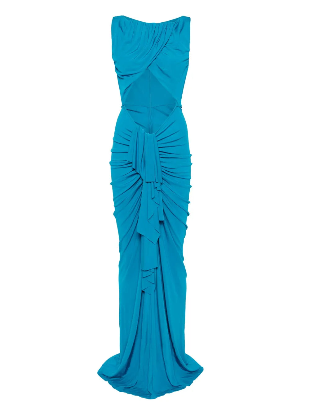 Elevate your evening wardrobe with this stunning Christopher Esber Bateau draped gown, a masterpiece of contemporary design. Crafted from imported materials, this sleeveless silhouette features an alluring imperial blue hue that commands attention. The expertly placed cut-out detailing and ruched accents create dynamic visual interest, while the concealed rear zip fastening ensures a seamless, polished finish. 