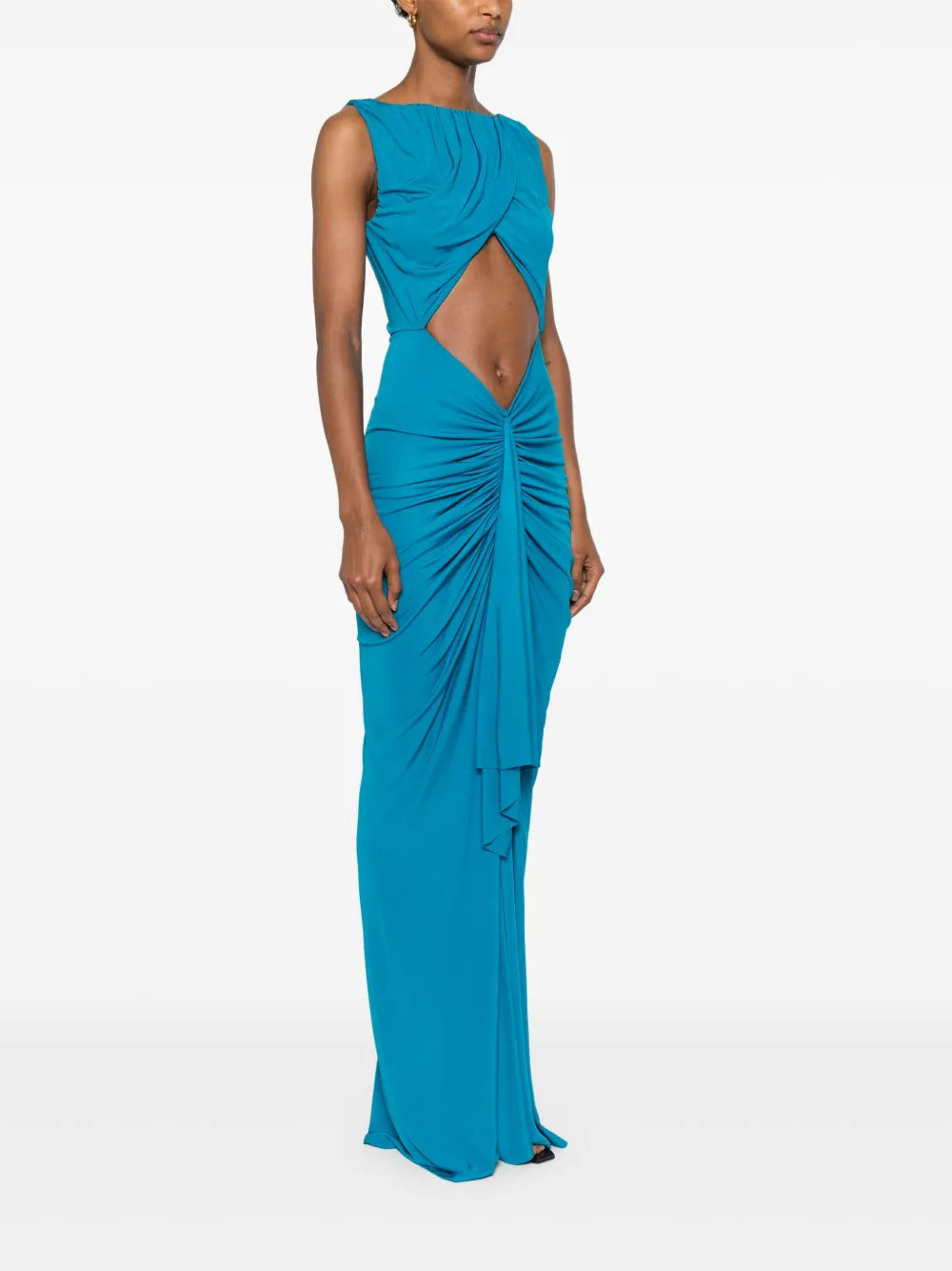 Elevate your evening wardrobe with this stunning Christopher Esber Bateau draped gown, a masterpiece of contemporary design. Crafted from imported materials, this sleeveless silhouette features an alluring imperial blue hue that commands attention. The expertly placed cut-out detailing and ruched accents create dynamic visual interest, while the concealed rear zip fastening ensures a seamless, polished finish. 