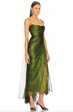 Load image into Gallery viewer, Introducing the Regina Gown - a luxurious masterpiece. Fully lined with a boned bodice, this chiffon gown features metallic threading, adding a touch of shimmer. The back tie and adjustable shoulder straps provide the perfect fit, while the hidden back zipper closure ensures a seamless look.
