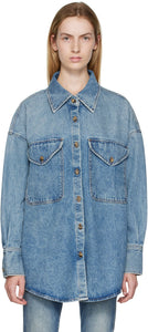 Take risks and make a statement with The Birdie Denim Shirt from KHAITE. Crafted from non-stretch denim with fading throughout, this shirt features a spread collar, button closure, and flap pockets for a touch of adventure. With a shirttail hem, dropped shoulders, and tortoiseshell hardware, this 100% cotton shirt is perfect for those who aren't afraid to stand out.