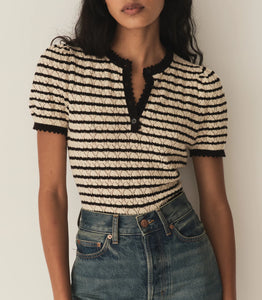 Indulge in luxury with the ‘30s-inspired Brandie Top. The soft blend of Pima cotton and silk is perfect for any season, while the Henley-style neckline, gathered sleeves, and mother-of-pearl buttons add a touch of sophistication. The delicate pointelle design and crochet detailing make this top a timeless addition to any wardrobe.