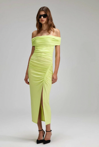 Indulge in luxury with the Selina dress. A masterpiece of art and fashion, this Womens Self-Portrait Midi Dress features an elegant off-shoulder design in vibrant green. Made from high-quality jersey material, it exudes sophistication and exclusivity, perfect for making a statement at any occasion. Elevate your wardrobe with Selina.