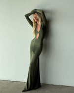 Load image into Gallery viewer, Upgrade your style game with the Natasha Maxi Dress by Helsa. This sexy dress features a deep V neck and alluring hollow-out long sleeves, perfectly balanced with a figure-hugging bodycon silhouette. The ruched detailing adds a touch of elegance to this vibrant green dress, perfect for any evening event.
