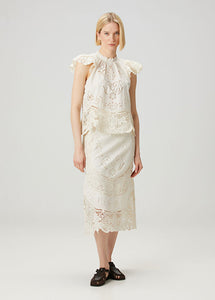 Elevate your wardrobe with the Gianna Bone Lace Blouse by SEA, featuring a refined mandarin collar that adds subtle sophistication. Delicate lace and ruffle details enhance its tank top design, blending elegance with breathable comfort. Ideal for layering or wearing alone, this blouse offers a polished look perfect for both professional settings and stylish casual occasions.