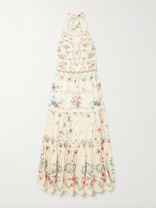 Crafted from breathable linen, the Consuelo Mosqueta Midi Dress from Agua by Agua Bendita features delicate embroidery of elegant blooms that enhance its refined aesthetic. Its flowing tiers offer effortless movement and a flattering silhouette, combining comfort with expert design that suits both casual and sophisticated occasions.