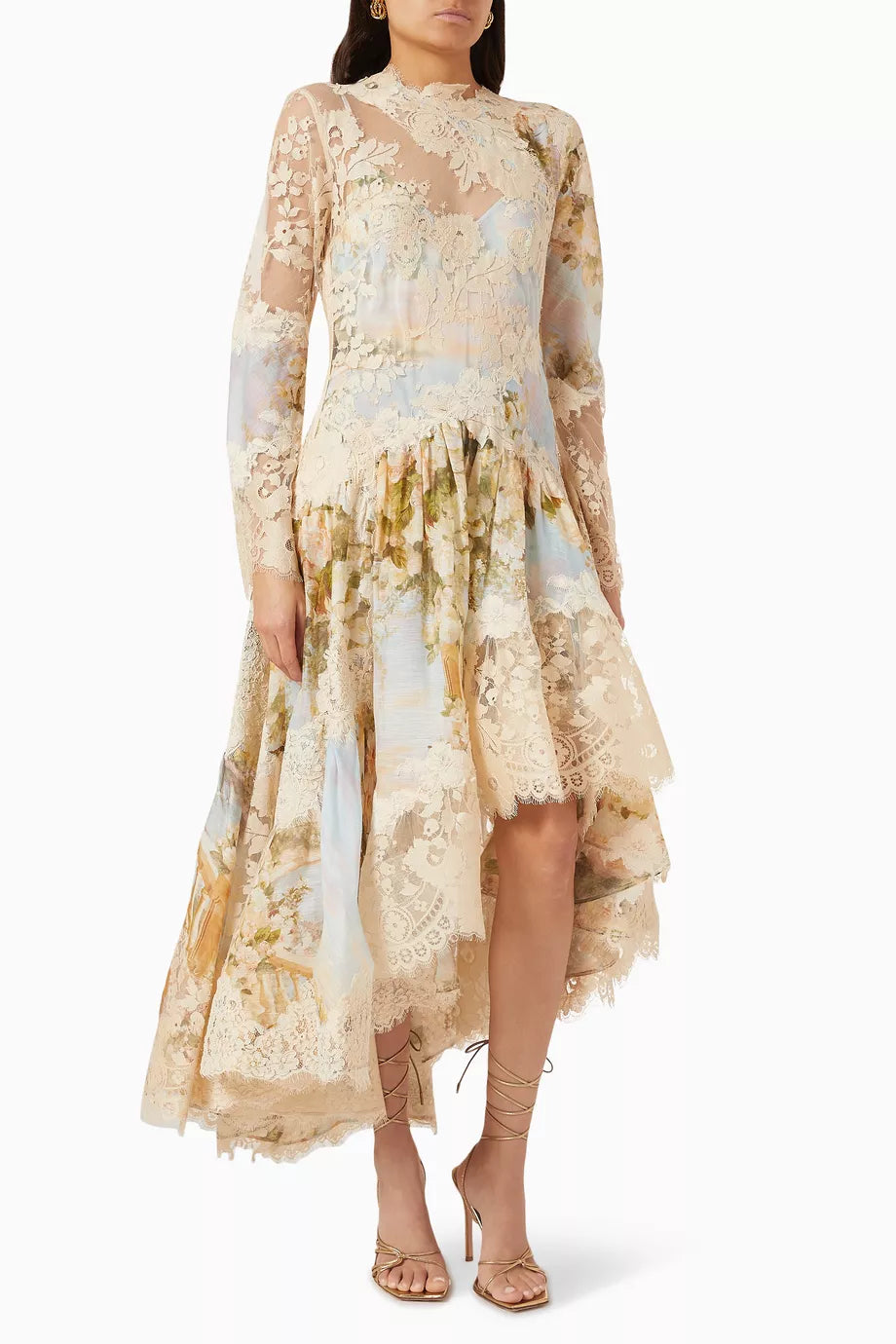 Introducing the Luminosity midi dress by Zimmermann - a romantic and artfully crafted piece. Made with floral-print silk linen organza and delicate lace trims, this dress exudes dreamy elegance. Its long-sleeved bodice and asymmetrical layered skirt adds a touch of whimsy to your wardrobe.