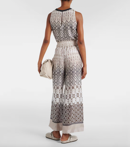 Introducing Brunello Cucinelli's wide-leg pants, made from luxurious pure silk-voile for maximum comfort. Featuring an elasticated waist and a stylish geometric print in versatile neutral tones, these pants are perfect for your vacation wardrobe. Enjoy a comfortable and chic look all vacation long.