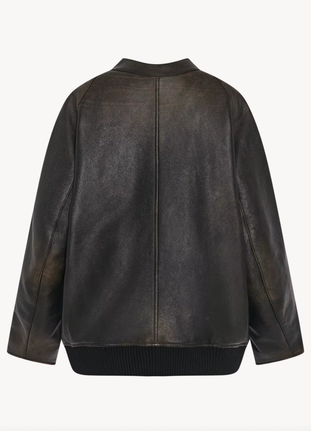 The Row brown oversized motorcycle jacket in distressed calfskin leather with stand collar, raglan sleeves, side welt pockets, and ribbed hem. Finished with silver-toned front and interior cuff zippers. This jacket comes fully lined in silk Habotai.