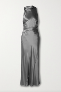 Unleash your adventurous side with the Reformation Casette Maxi Dress. Made from luxurious silk-charmeuse, it features a bold cutout design that exudes confidence. This gray dress is perfect for making a statement at any event. Take the risk and stand out in style!