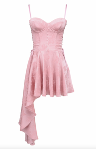 Lola Jacquard Mini Dress features exquisite pink jacquard satin crafted into a sleek mini silhouette enhanced by signature corsetry at the waist. The lace-up sides subtly define an hourglass shape while a functional back zipper ensures easy wear. Its asymmetric draped skirt adds refined drama, making Lola an expert choice for elegant evenings and romantic occasions.