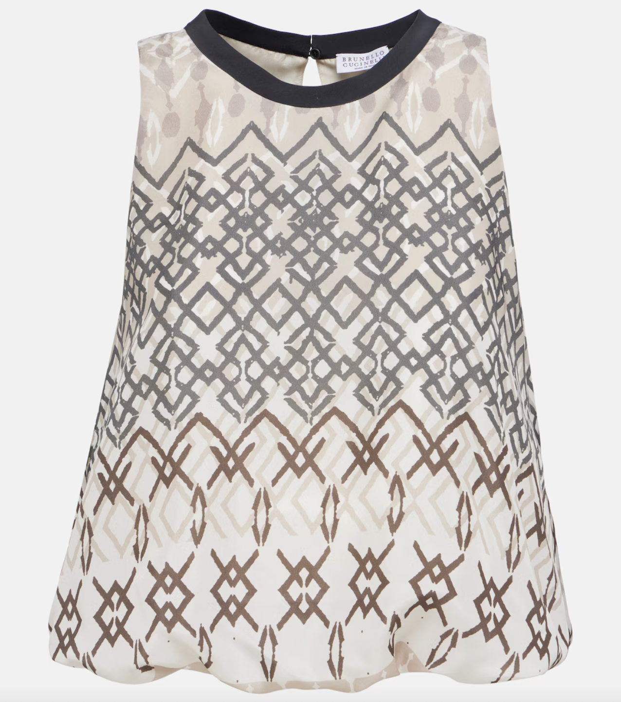 Elevate your wardrobe with the Printed Silk Top by Brunello Cucinelli. This sleeveless top features a playful puffed hem for a flared shape, adding a touch of ethnic whimsy to any outfit. Perfect for those looking for a unique and stylish addition to their wardrobe.