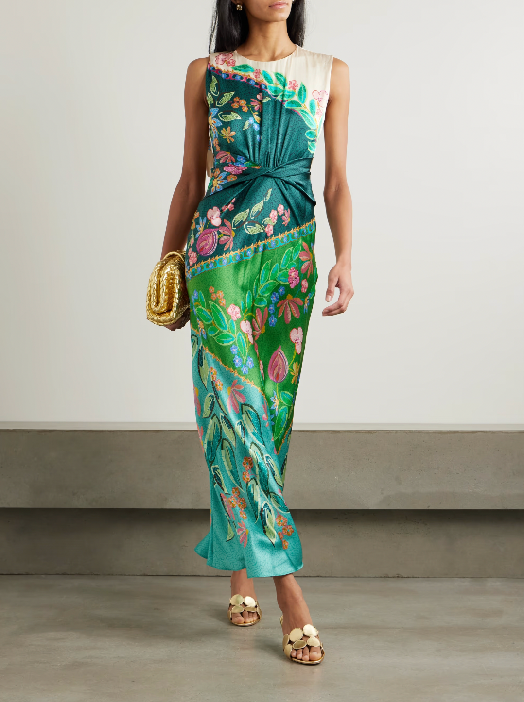 Elevate your wardrobe with the Gwen Twisted Draped Floral-print Silk Maxi Dress in Terrazzo by Saloni. Crafted from luxurious silk, it offers a flattering crew neckline and a uniquely twisted waist that enhances your silhouette. The straight skirt adds elegant movement, making it perfect for both daytime events and evening occasions. Experience comfort and style in one stunning dress designed to turn heads effortlessly.