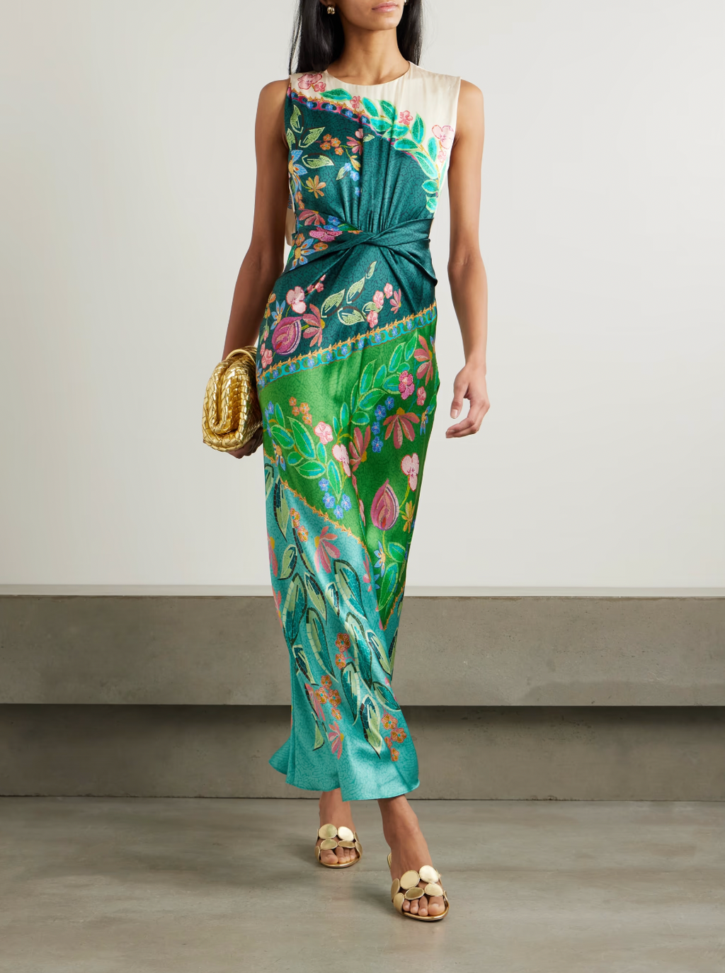 Elevate your wardrobe with the Gwen Twisted Draped Floral-print Silk Maxi Dress in Terrazzo by Saloni. Crafted from luxurious silk, it offers a flattering crew neckline and a uniquely twisted waist that enhances your silhouette. The straight skirt adds elegant movement, making it perfect for both daytime events and evening occasions. Experience comfort and style in one stunning dress designed to turn heads effortlessly.