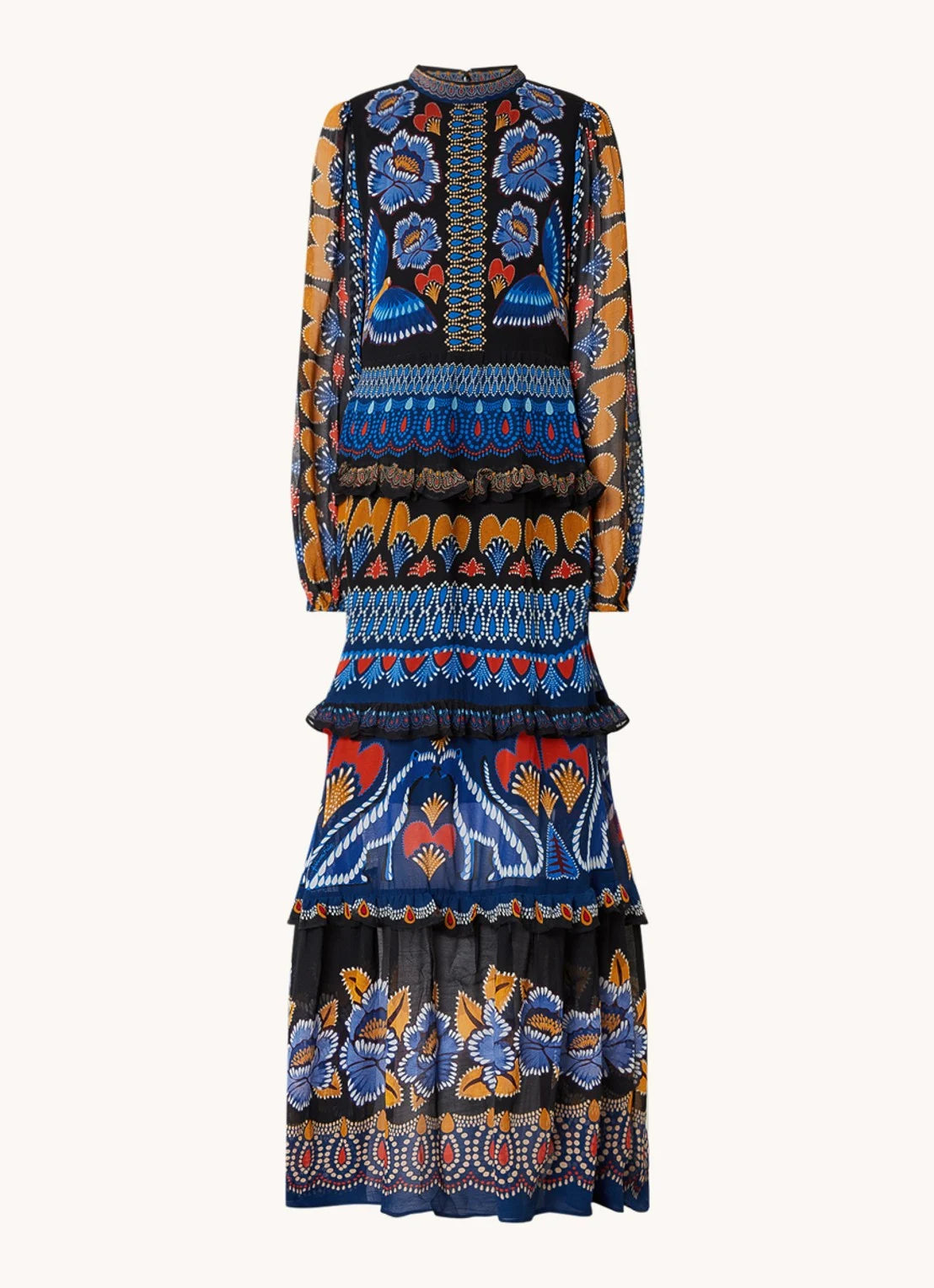 Elevate your wardrobe with the Anika Maxi Dress by Farm Rio, featuring vibrant prints and delicate ruffles that add a touch of feminine charm. The long sleeves provide coverage for cooler days while maintaining a flowy, elegant silhouette perfect for any occasion. This dress combines comfort and style effortlessly, making it an ideal choice for day-to-night wear. Transform your look with a splash of color and graceful movement in the Anika Maxi Dress.