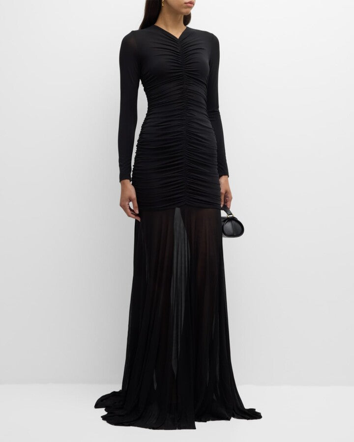 The Fawn Ruched Column Gown blends graceful elegance with exceptional comfort, featuring soft jersey fabric and a sheer skirt that flows beautifully. Its partially lined design and hidden back zipper ensure a flawless fit and easy dressing. Thoughtful ruching at the front and back enhances your silhouette, making it a perfect choice for any event where effortless style matters. Elevate your look with this sophisticated yet comfortable gown.