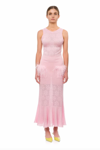 Make a statement with Andreeva's Knit Midi Dress, adorned with delicate feathers. The elegant round neck and figure-flattering design exude sophistication, perfect for any occasion. Elevate your style with heels or go for a more casual look with sandals or sneakers. Be confident and chic in this must-have dress.
