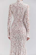 Load image into Gallery viewer, Get ready to turn heads with the Sophia Midi Dress. This dress combines modern flair and romantic elegance. Its body-hugging silhouette, high neck, and long sleeves beautifully highlight your shape while keeping it sophisticated. The ivory lace adds a touch of texture, and the fluted hem and cuffs add a playful twist to this timeless design.
