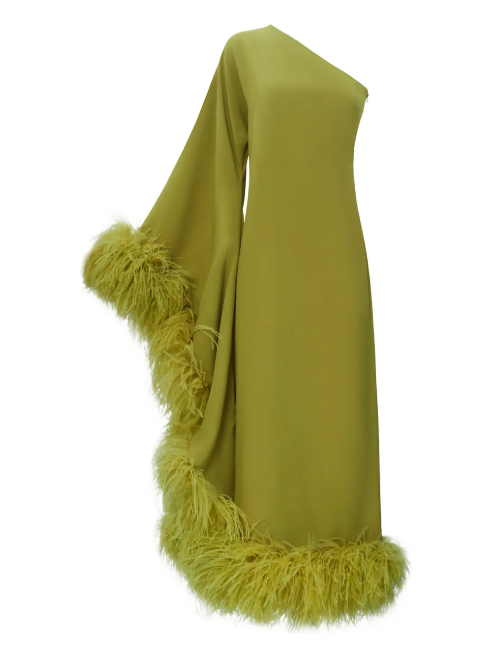 Elevate your style with the Baler Feather-trimmed One-shoulder Maxi Dress by Taller Marmo, crafted in Italy for exceptional quality. In a vibrant lime green, this floor-length gown features a striking one-shoulder neckline and an asymmetric sleeve adorned with delicate feather trim. Perfect for making a bold, elegant statement at any special occasion.