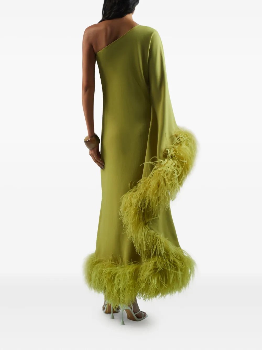 Elevate your style with the Baler Feather-trimmed One-shoulder Maxi Dress by Taller Marmo, crafted in Italy for exceptional quality. In a vibrant lime green, this floor-length gown features a striking one-shoulder neckline and an asymmetric sleeve adorned with delicate feather trim. Perfect for making a bold, elegant statement at any special occasion.