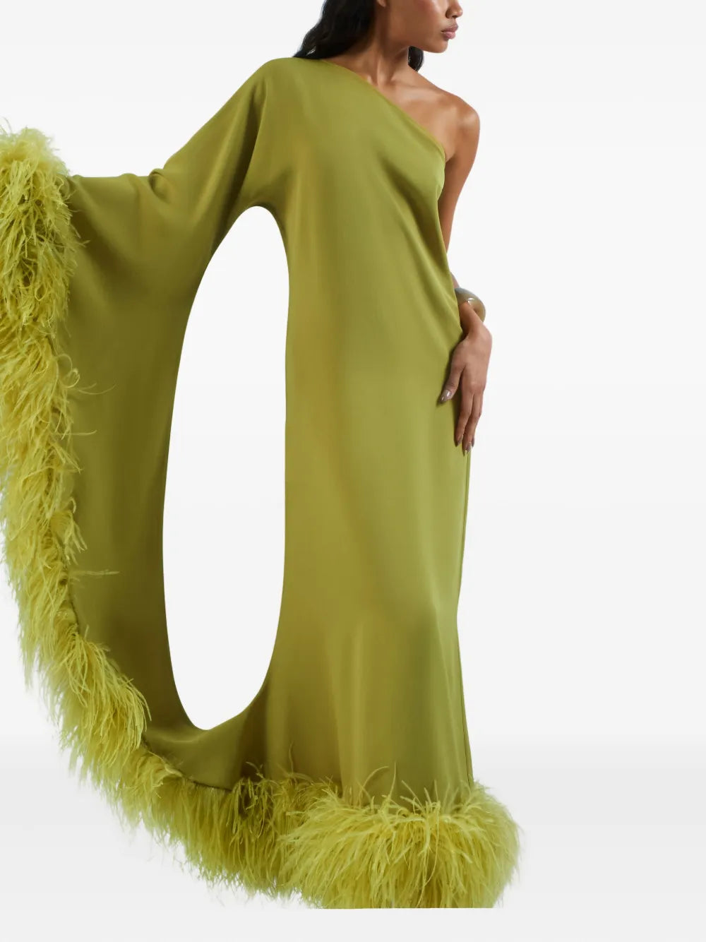 Elevate your style with the Baler Feather-trimmed One-shoulder Maxi Dress by Taller Marmo, crafted in Italy for exceptional quality. In a vibrant lime green, this floor-length gown features a striking one-shoulder neckline and an asymmetric sleeve adorned with delicate feather trim. Perfect for making a bold, elegant statement at any special occasion.