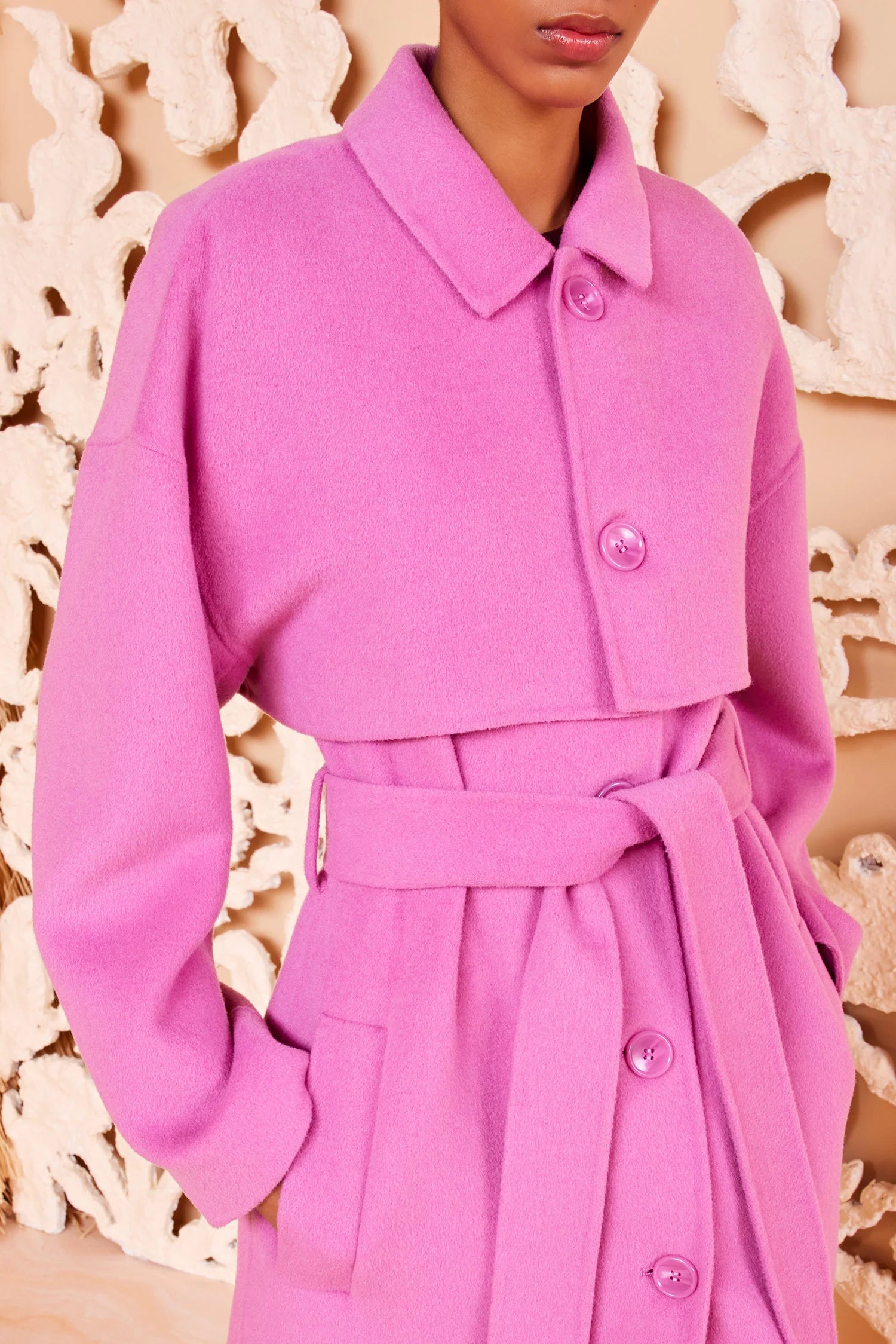 Stay warm and chic in the Romi Coat by Ulla Johnson. Crafted from luxurious double-faced wool blend with a touch of cashmere, this Flora pink coat features a longline silhouette, storm flap overlay, and a single-breasted design. Complete with side pockets and a removable belt to accentuate your figure.