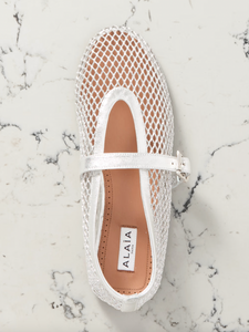 Elevate your wardrobe with Alaïa's modern take on the classic ballet flat. Crafted in Italy from silver mesh and metallic leather straps, these flats add a touch of glamour to any ensemble. With their comfortable round toes, they're perfect for everyday wear.