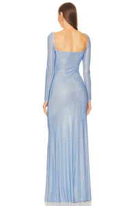 Indulge in elegance with our Gown Iridescent. Featuring an iridescent design, this blue hot diamond women's maxi dress will make you stand out at any event. With long sleeves and a high waist, this slim-cut party dress will flatter your figure and make you feel confident and beautiful.