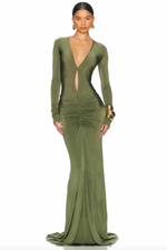 Load image into Gallery viewer, Upgrade your style game with the Natasha Maxi Dress by Helsa. This sexy dress features a deep V neck and alluring hollow-out long sleeves, perfectly balanced with a figure-hugging bodycon silhouette. The ruched detailing adds a touch of elegance to this vibrant green dress, perfect for any evening event.
