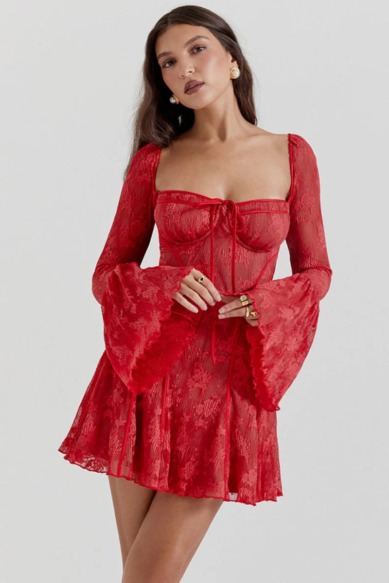 Get ready to turn heads in the Mini Dress Annalisa! With elegant flare sleeves, a daring backless design, and a fashion-forward square collar, this dress is perfect for any occasion. The stunning lace and pleated details add a touch of sophistication to this must-have piece. Elevate your style with this beautiful and versatile mini dress.