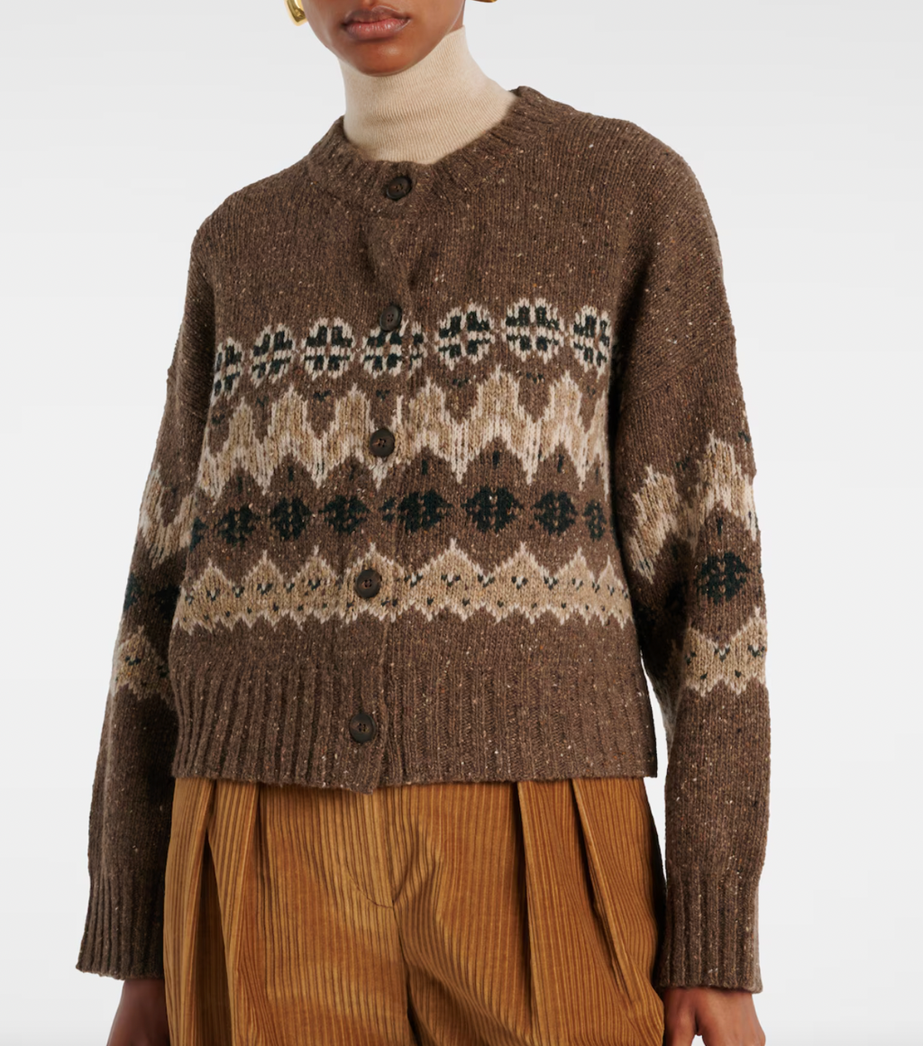 Elevate your everyday wardrobe with the Cammie Fair Isle wool-blend cardigan by Altuzarra. This timeless piece features an iconic Fair Isle pattern and convenient button-front closure, making it effortlessly versatile for layering. Crafted from a luxurious wool blend, it delivers warmth without weight, while the relaxed silhouette provides the freedom to move comfortably throughout your day. 