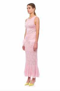 Make a statement with Andreeva's Knit Midi Dress, adorned with delicate feathers. The elegant round neck and figure-flattering design exude sophistication, perfect for any occasion. Elevate your style with heels or go for a more casual look with sandals or sneakers. Be confident and chic in this must-have dress.