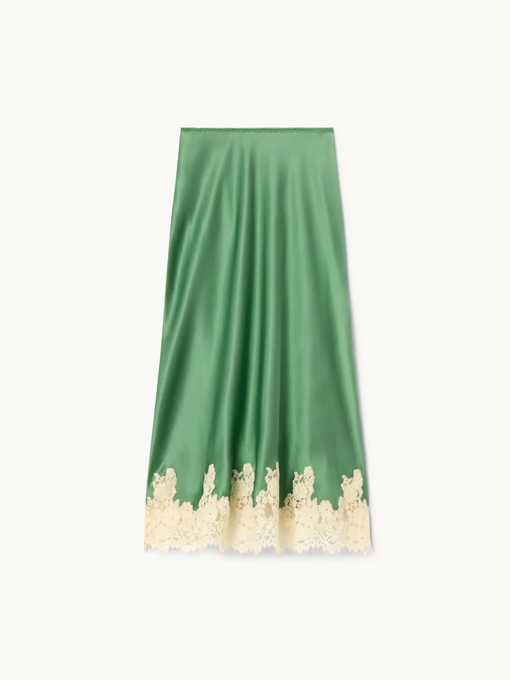 The Elowena Skirt features a scallop-edged elastic waistband for effortless slip-on wear. Crafted from buttery silk and cut on the bias, it drapes fluidly for a graceful silhouette. Its delicate ivory floral-lace hem adds a refined, feminine touch, making this skirt both elegant and comfortable for versatile styling.