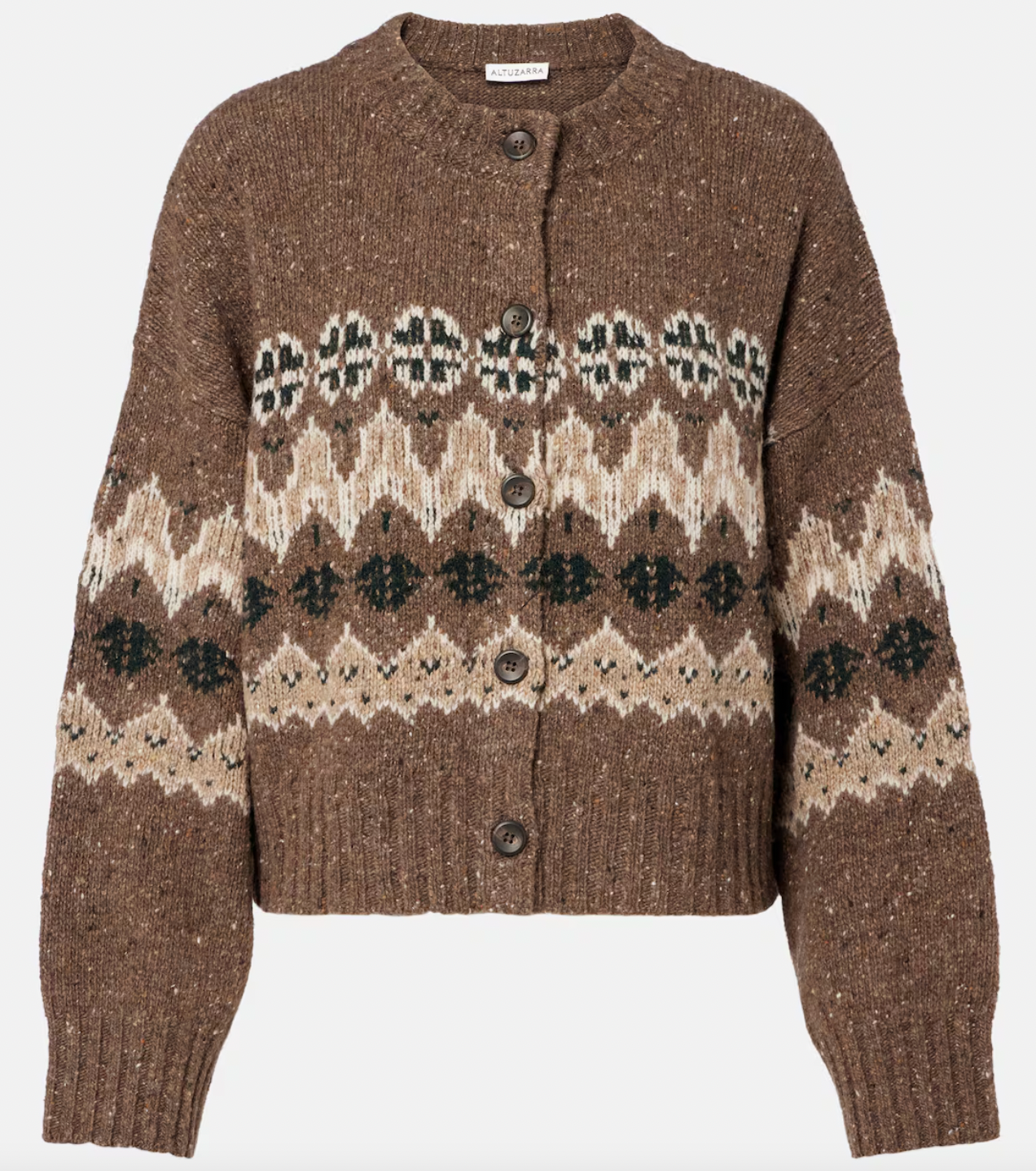 Elevate your everyday wardrobe with the Cammie Fair Isle wool-blend cardigan by Altuzarra. This timeless piece features an iconic Fair Isle pattern and convenient button-front closure, making it effortlessly versatile for layering. Crafted from a luxurious wool blend, it delivers warmth without weight, while the relaxed silhouette provides the freedom to move comfortably throughout your day. 