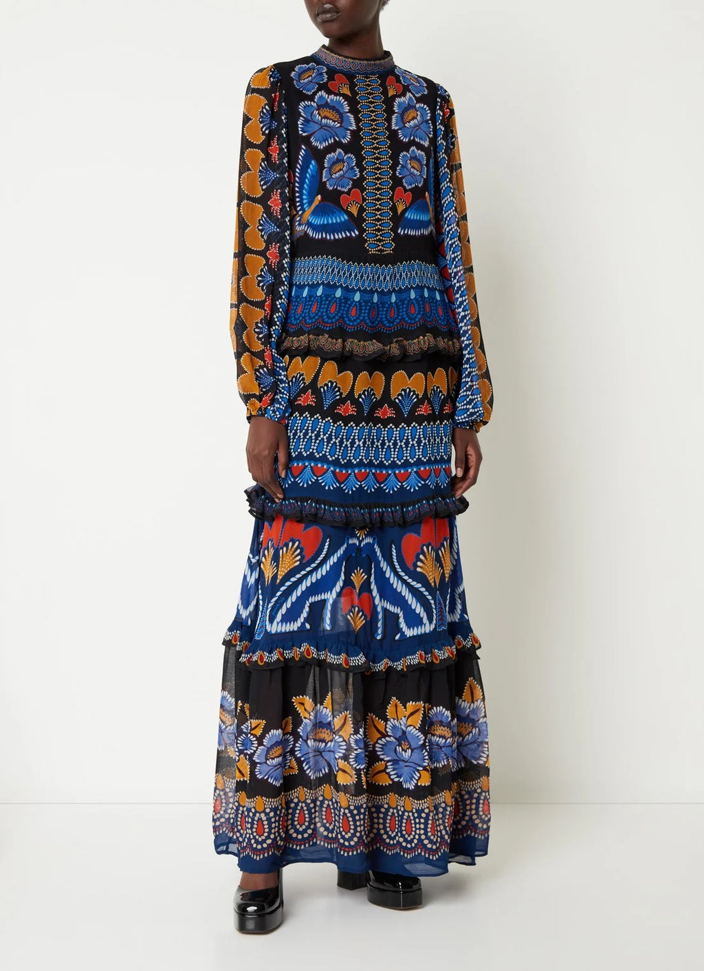 Elevate your wardrobe with the Anika Maxi Dress by Farm Rio, featuring vibrant prints and delicate ruffles that add a touch of feminine charm. The long sleeves provide coverage for cooler days while maintaining a flowy, elegant silhouette perfect for any occasion. This dress combines comfort and style effortlessly, making it an ideal choice for day-to-night wear. Transform your look with a splash of color and graceful movement in the Anika Maxi Dress.