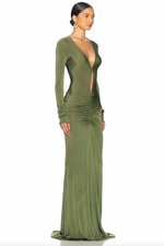 Load image into Gallery viewer, Upgrade your style game with the Natasha Maxi Dress by Helsa. This sexy dress features a deep V neck and alluring hollow-out long sleeves, perfectly balanced with a figure-hugging bodycon silhouette. The ruched detailing adds a touch of elegance to this vibrant green dress, perfect for any evening event.
